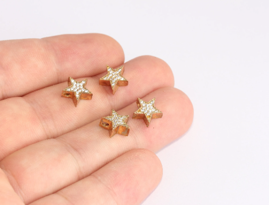 10mm Raw Brass Star Charms, Micro Pave White initial SLM775