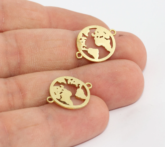 14x19mm Raw Brass World Map Bracelet, Globe Charms,  MTE635