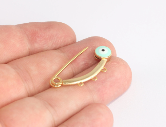 14x35mm 24k Shiny Gold Evil Eye Safety Pin With Loops,  XP437