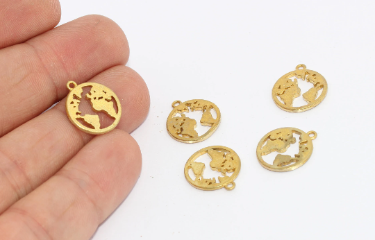 15x16mm Raw Brass World Map Pendant, Globe Pendant,  MTE745