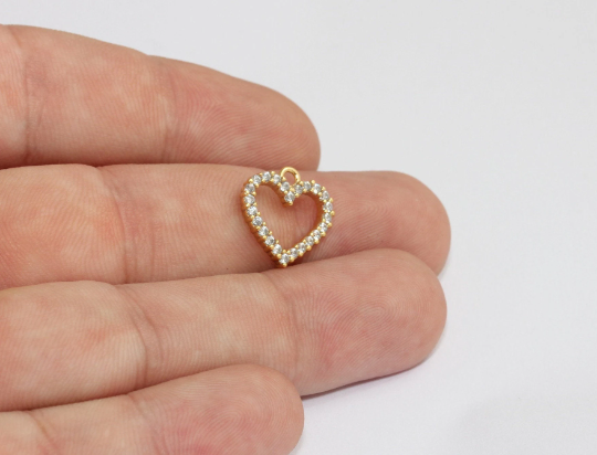 15mm 24k Shiny Gold CZ Heart, Micro Pave Heart Charms,  MLS529