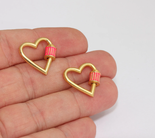 18x18mm 24k Shiny Gold Heart Screw Clasp Lock, Pink FNL209