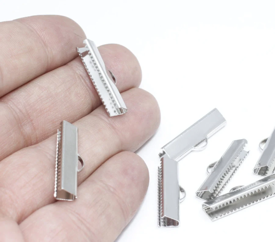 25mm Rhodium Plated Ribbon Crimps, Cord End, Fasteners, CR185