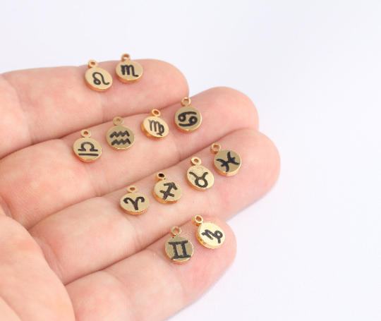 24k Shiny Gold Zodiac Charms, Full Set of 12 Astrology Charms,  SLM838