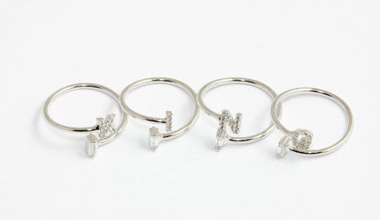 17-18mm Rhodium Plated Baguette Rings, Micro Pave, Baguette Ring, Alphabet, Name Rings, HRF61