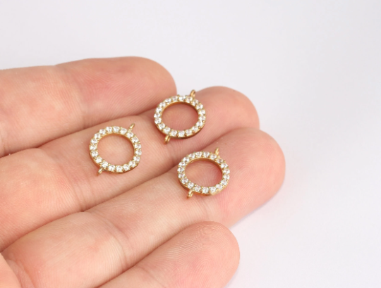 12x14mm Raw Brass Charms, Micro Pave White Stone Circle SLM783