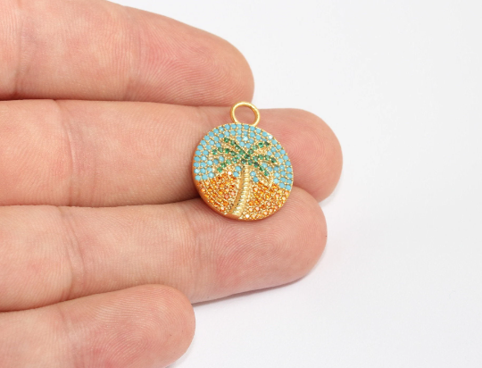 19x24mm 24k Shiny Gold Palm Pendant, Micro Pave Palm Tree, MLS755