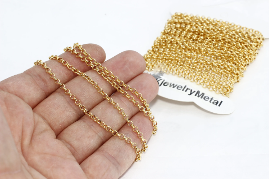 3mm 22k Shiny Gold Rolo Chain, Soldered Chain, Bulk Lot, Rolo    BXB84