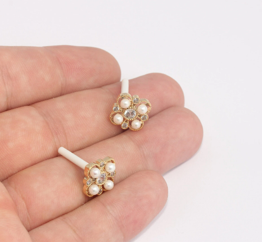 15mm 24k Shiny Gold Stud Earrings, Micro Pave Flower ,      SLM276