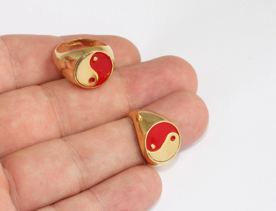 17-18mm 24k Shiny Gold Rings, Red Enamel Yin Yang Rings,  SLM48