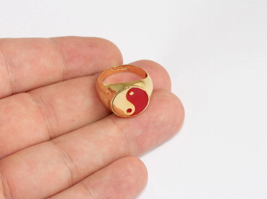 17-18mm 24k Shiny Gold Rings, Red Enamel Yin Yang Rings,  SLM48