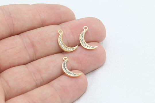 8x14mm 24k Shiny Gold Moon, Micro Pave Moon Charms, Micro Pave Moon Pendant, Cubic Zirconia Moon, CZ Charms, Moon Necklace, FLT, ZRCN580