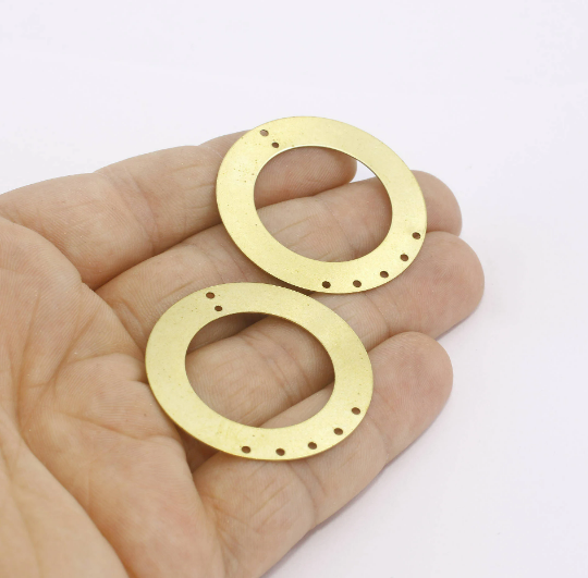 38mm Raw Brass Circle Charms, Round Charms, Multi Hole AE169